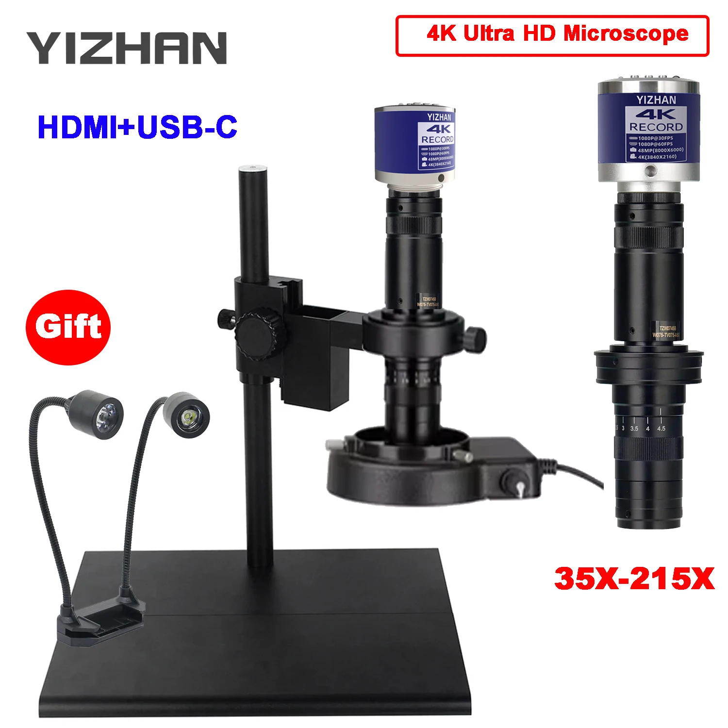 Yizhan 2K 4K Digital Microscope HDMI USB VGA 35-215X Continuous Zoom C-Mount Lens HD Microscope For Soldering Repairing Big Base