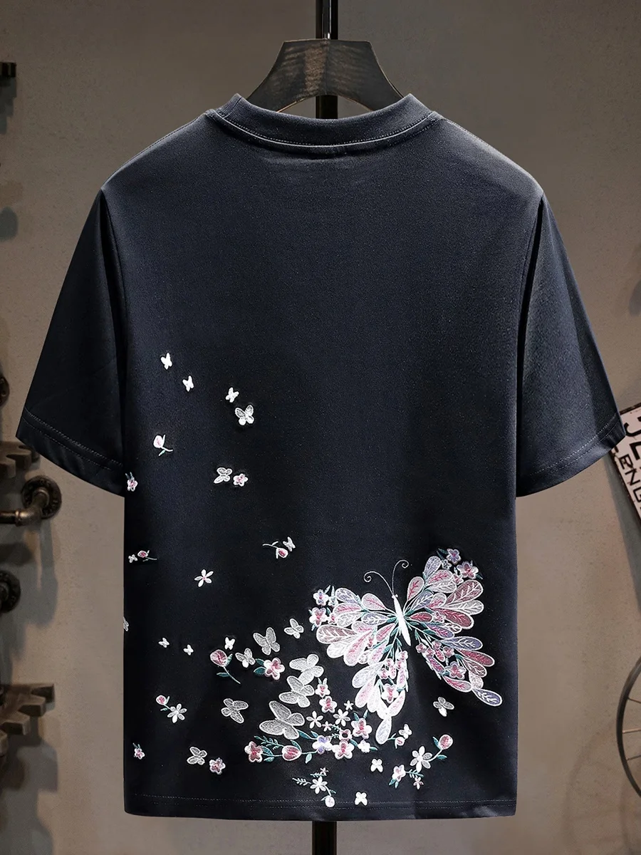 

Faionable Bla Embroidered T-irt Men's Summer New Sle Heavy Embroidery round Ne ort Sve Cotton irt