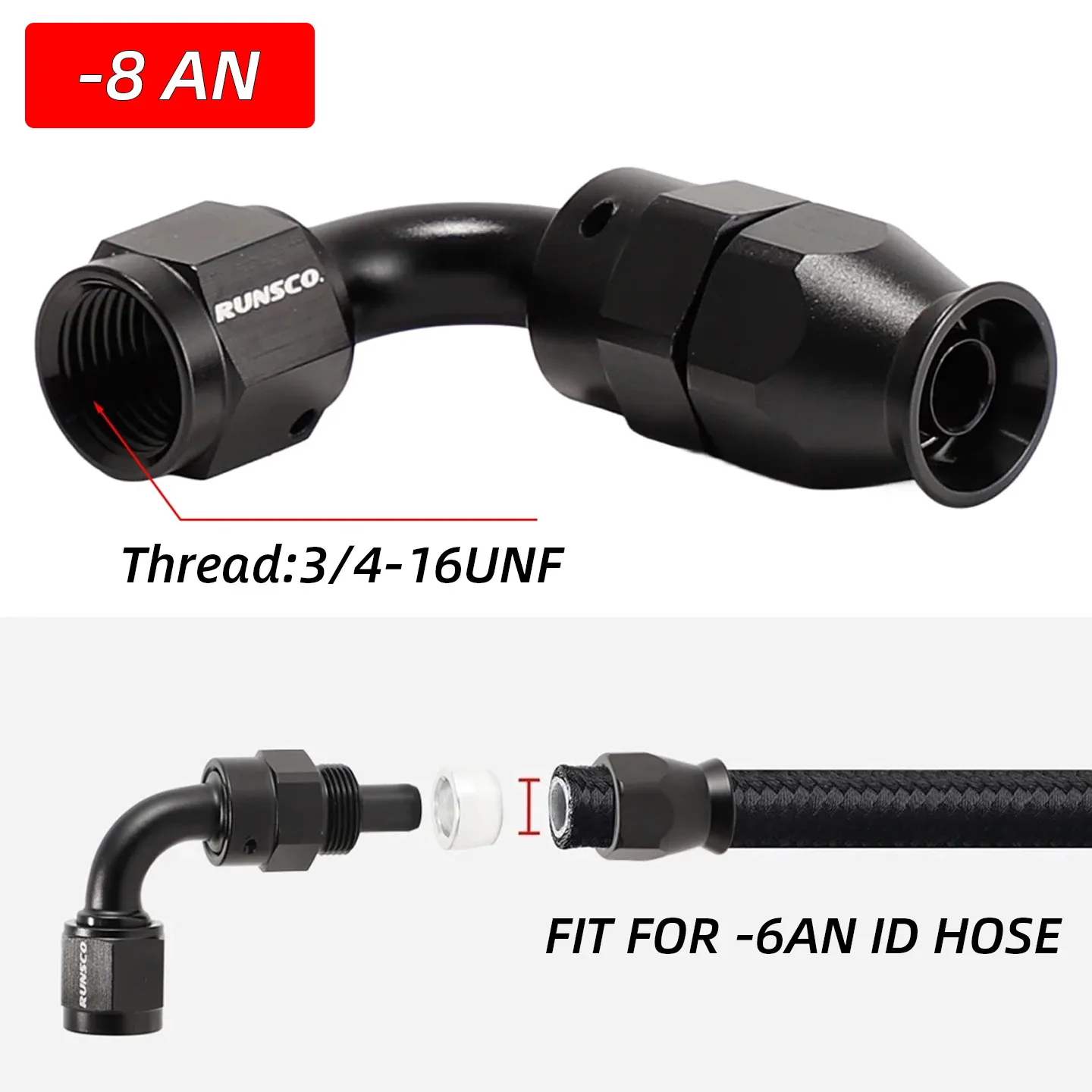 Runsco -8 AN PTFE Hose Swivel Fittings Adapter Aluminum Connector Black AN8