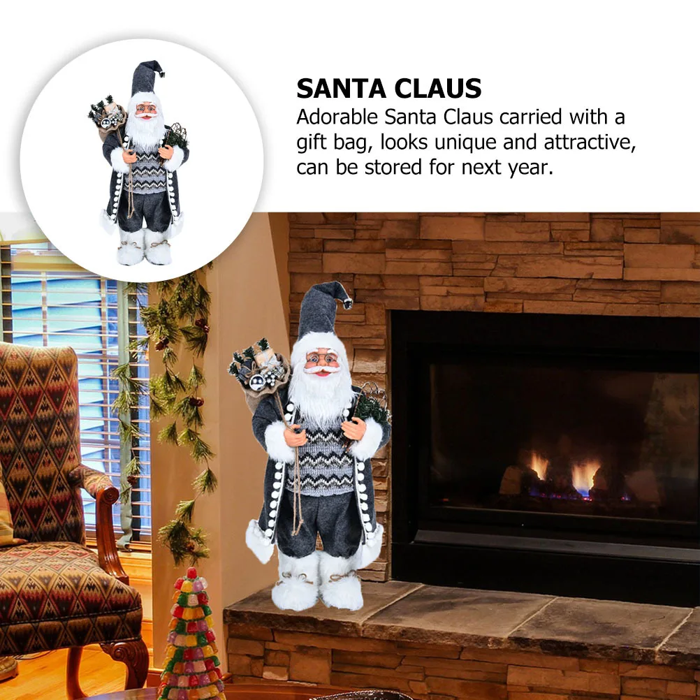 

1pc Dark Grey Christmas Santa Claus Cloth Art For Desktop Decoration Holiday Party Supplies Adorable Santa With Gift Bag