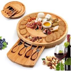 Bamboo Cheese Board Set Modern Round Cheese Cutter Dinner Plate Dessert Plate with Drawer Cheese Plate Chopping Board Kitchen