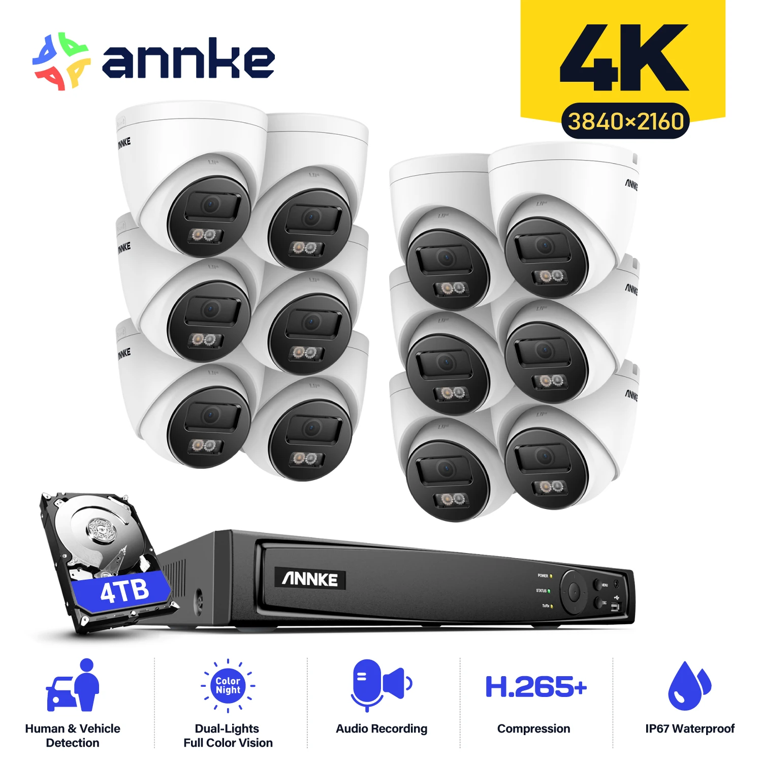 Annke 16ch 4k ultra hd poe rede de vídeo sistema segurança 8mp h.265 + nvr com 12 pçs 8mp 30m exir visão noturna ao ar livre ip câmera