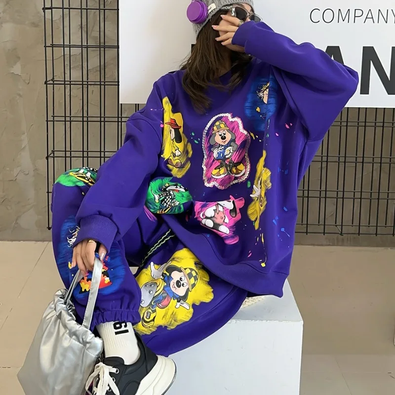 New Age Reduction Heavy Industry Sweatshirt And Sweatpants Outfit Women\'s Sequins Cartoon Printing Leisure Sports Two-piece Sets