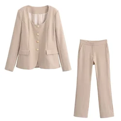 2024 Spring New Women's Casual Round Neck Long Sleeve Slim Fit Suit Coat High Waist Flare Pants Elegant Set