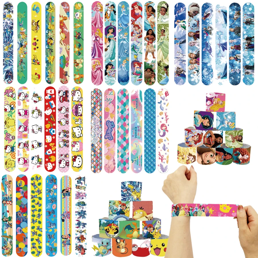 12-個漫画ディズニーテーマスラップブレスレットパーティー記念品ポケモンステッチアナと雪の女王クリスマスフィラーリストバンドスナップブレスレットギフト