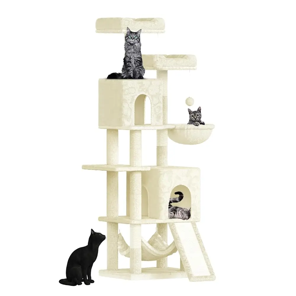Dogat Katzenkratzbaum 158cm – Kletterturm mit 7 Kratzsäulen, 2 Häusern & 2 Hängematten, für Hauskatzen
