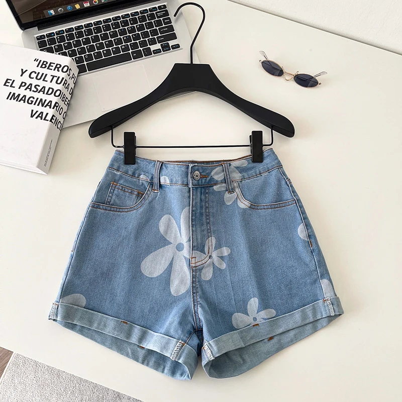 

Retro printed fashionable denim versatile shorts women's summer new high waisted casual rolled edge A-line wide leg pants