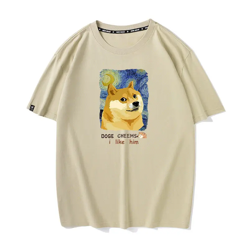 Unisex Loose Base Shirt Waste Wood Starry Sky Cheers Shiba Inu Couple Half Sleeve T-shirt Short Sleeved Base Shirt