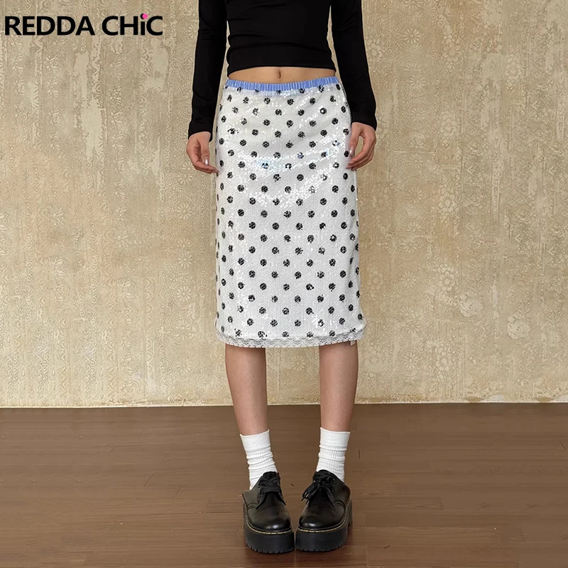 

Юбка ReddaChic в горошек с пайетками, летняя винтажная юбка с кружевной отделкой, эластичная талия, прямая юбка до колена, для вечеринок, в стиле Y2K, женская одежда