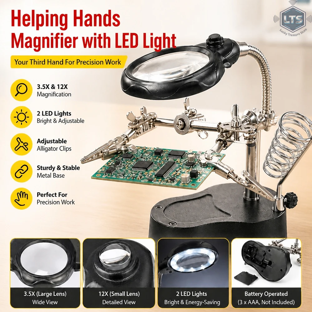 3.5X 12X Helping Hands Third Hand Soldering Iron Welding Stand Station with 2 LED Clip Welding Magnifier Magnifying Glass