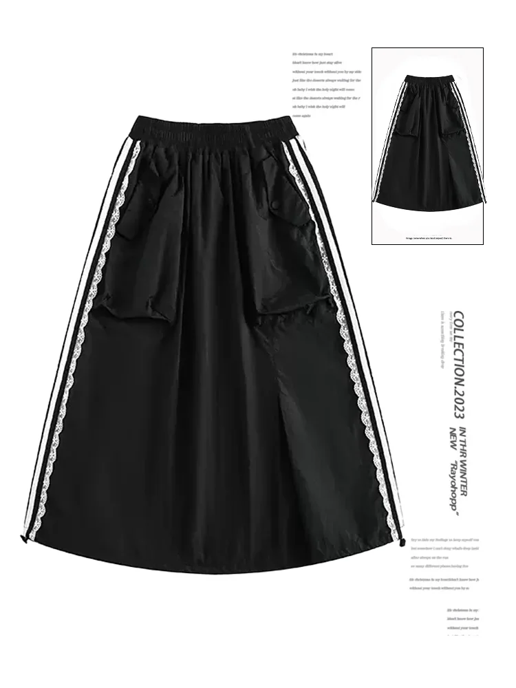 

Women Black Gothic A-line Skirt Vintage 90s Aesthetic Y2k Long Striped Lace Skirt Harajuku Korean Emo Skirts 2000s Clothes 2024