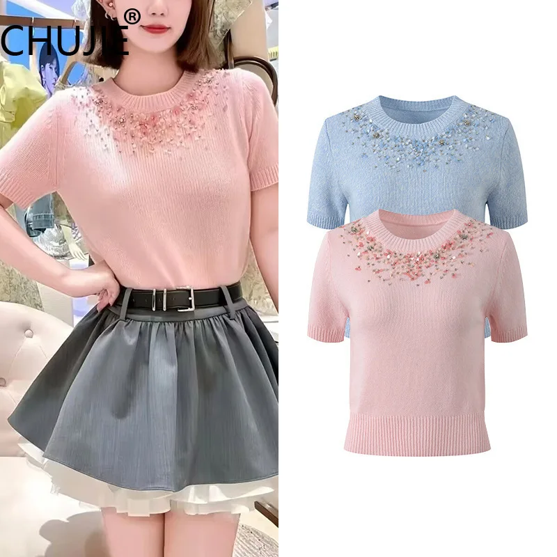 

CHUJIE Early Fall 2025 Sweet Knit Top, Round Neck Short Sleeve Blouse, Beaded & Sequined Soft Style Knit T-Shirt