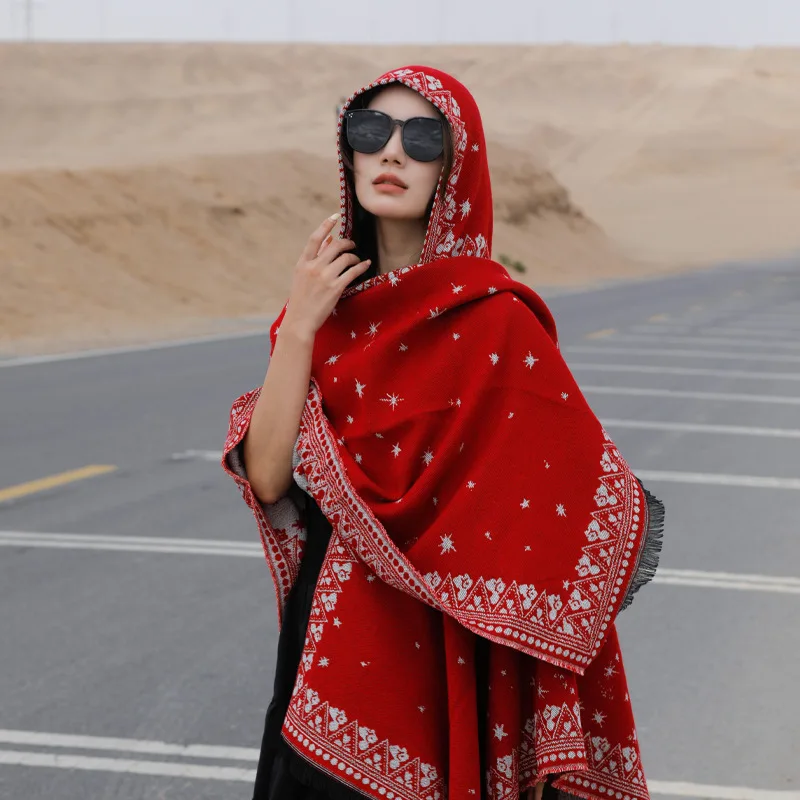 

Ethnic Style Hooded Shawl Split Cape Qinghai Grassland Northwest Travel Photo Warm Outerwear Cape Scarf