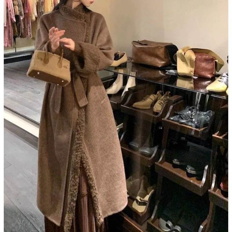 

Premium Brown Plush Spliced Woolen Coat Autumn and Winter New Retro Lace-up Long Woolen Coat