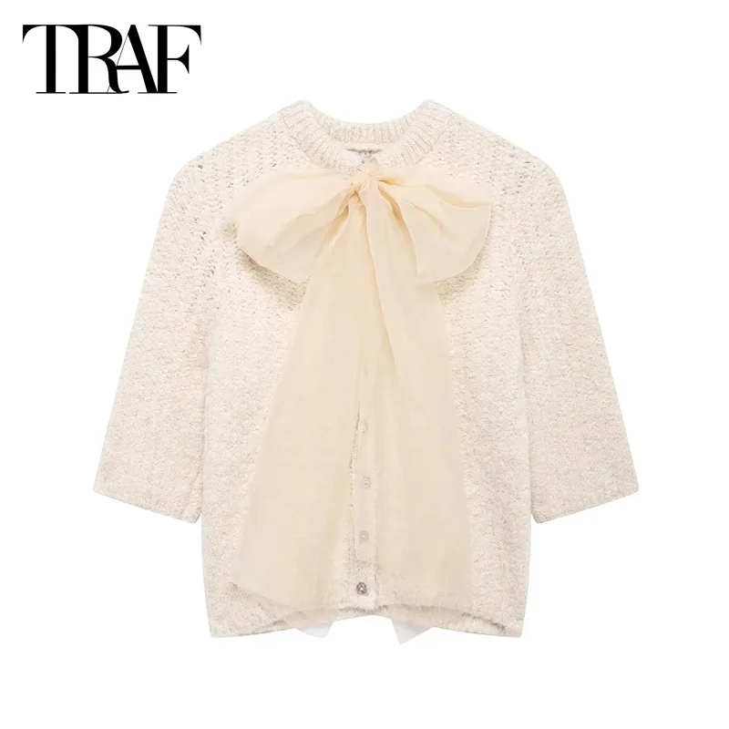 TRAF Cropped Sweater Cardigans 2024 Women's Autumn Short Sleeve Knitted Sweater Top Elegant Butterfly Beige Short Knitwear