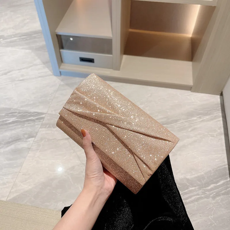 2023 New Women Fold Evening Bags Knot Wedding Dinner Wallets Bling Sequins Purse With Chain Gold Bags Drop Shipping