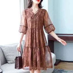 Summer Half Sleeve Casual Printed Midi Dress Women's Clothing Spliced Loose Fashion Gauze Korean Drawstring Bow A-Line Dresses