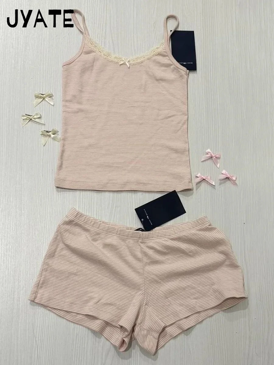 Sweet Striped Pink Vests Shorts 2 Pieces Set Women Slim Lace Trim Tank Top with High Waist Straight Short Pant Cute Bow Sets Y2K