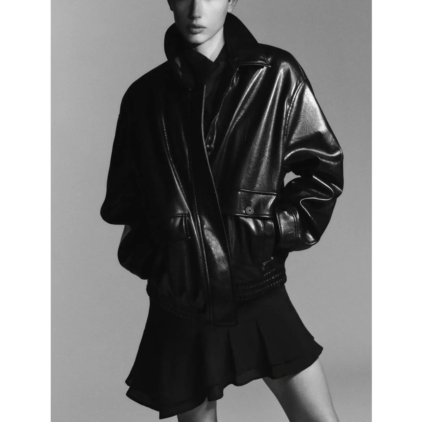خريف جديد المرأة طويلة Sve بولي Leather الجلود الطيار Jaet معطف كيت مزين بدوره إلى أسفل طوق ملابس خارجية تخفيف Sle فضفاضة تناسب