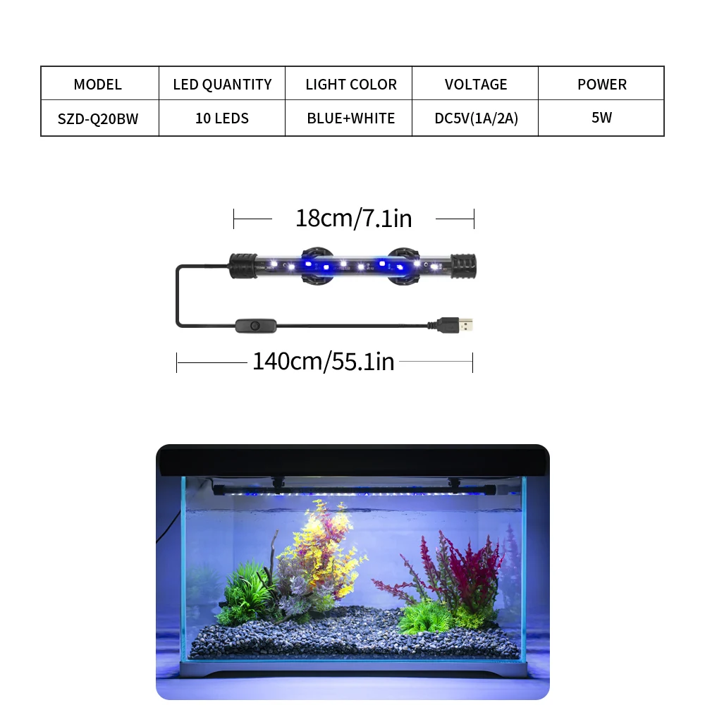 USB Aquarium Light LED Plant Grow Lamp 18-58CM Aquariums Decor Lighting Waterproof Fish Tank Light