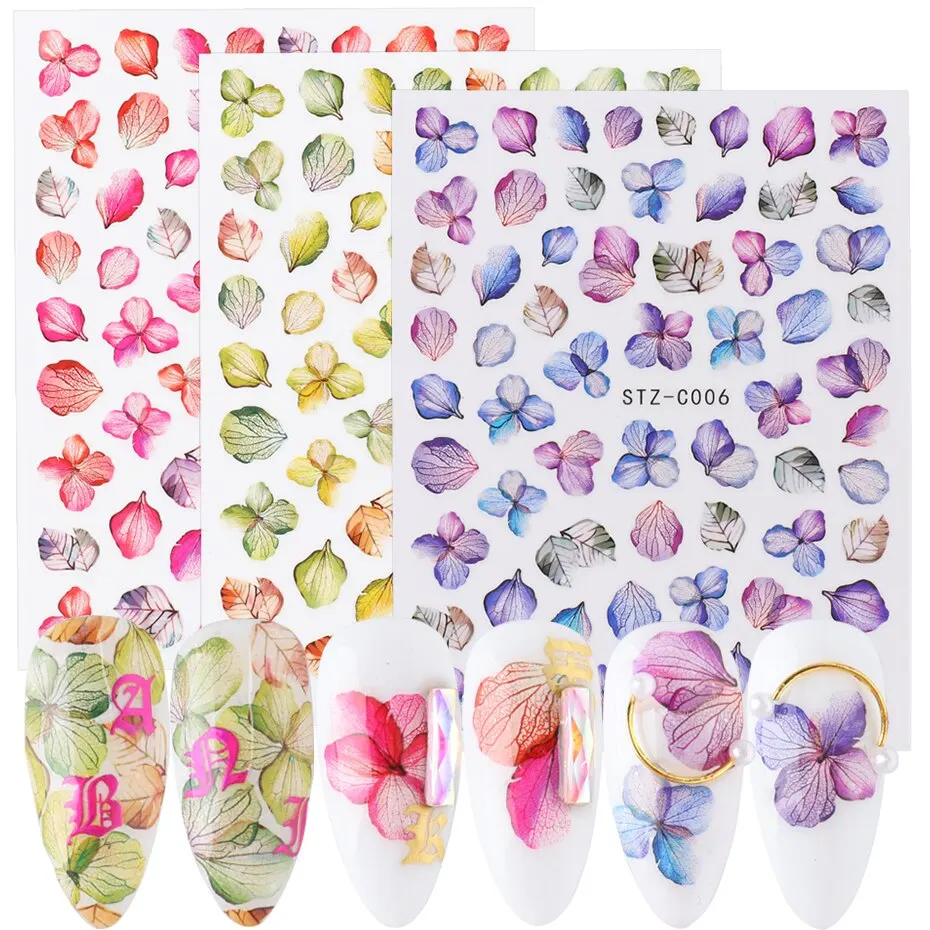 3pcs Purple Flowers Petal Nail Stickers Decals Manicure 3D Adhesive Sliders Tattoo Japanese Charms Nail Art Decorations