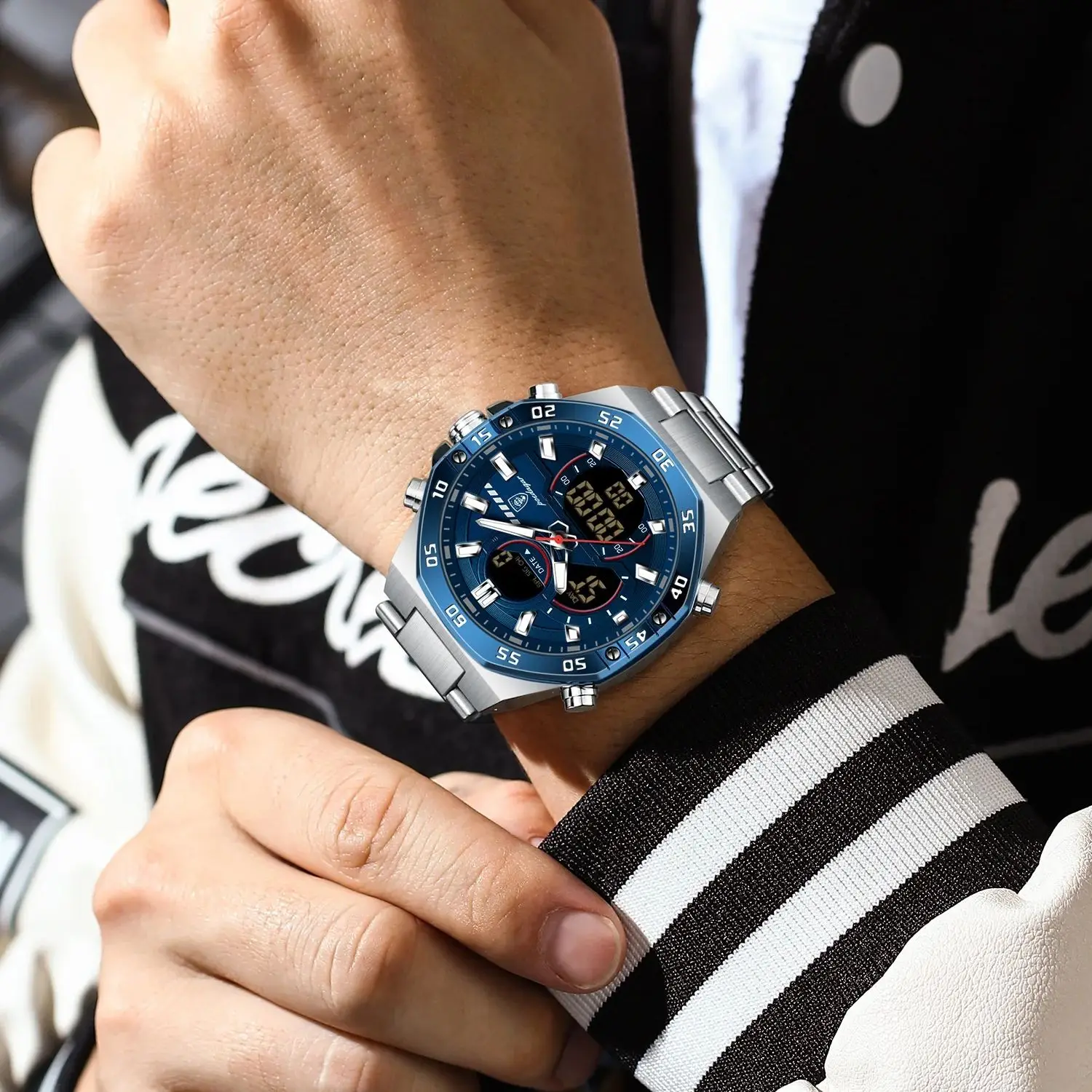 POEDAGAR ساعة يد رياضية أصلية للرجال تاريخ الأسبوع مقاومة للماء LED كوارتز ساعة رجالية من الفولاذ المقاوم للصدأ ساعات رقمية عسكرية للرجال