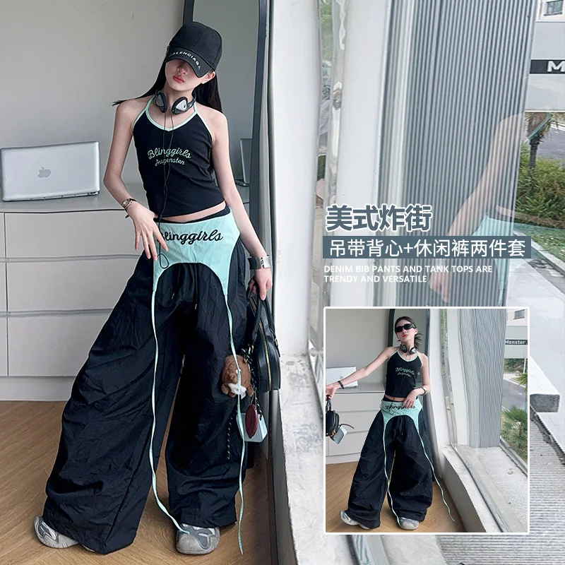 กางเกงพาราชูทผู้หญิง สไตล์อเมริกัน ผ้ากำมะหยี่ทรงหลวม สำหรับเต้นรำ กิจกรรมกลางแจ้ง สไตล์กรันจ์ แฟชั่นฮาโลวีน ลายปะติด