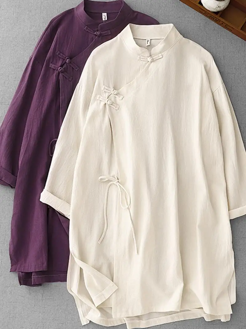 

Retro Large Size Cotton Linen irt with Button Slanting Collar Mid-Length Tie-Knot Zen Sle Top for Women High Waist A-Line...