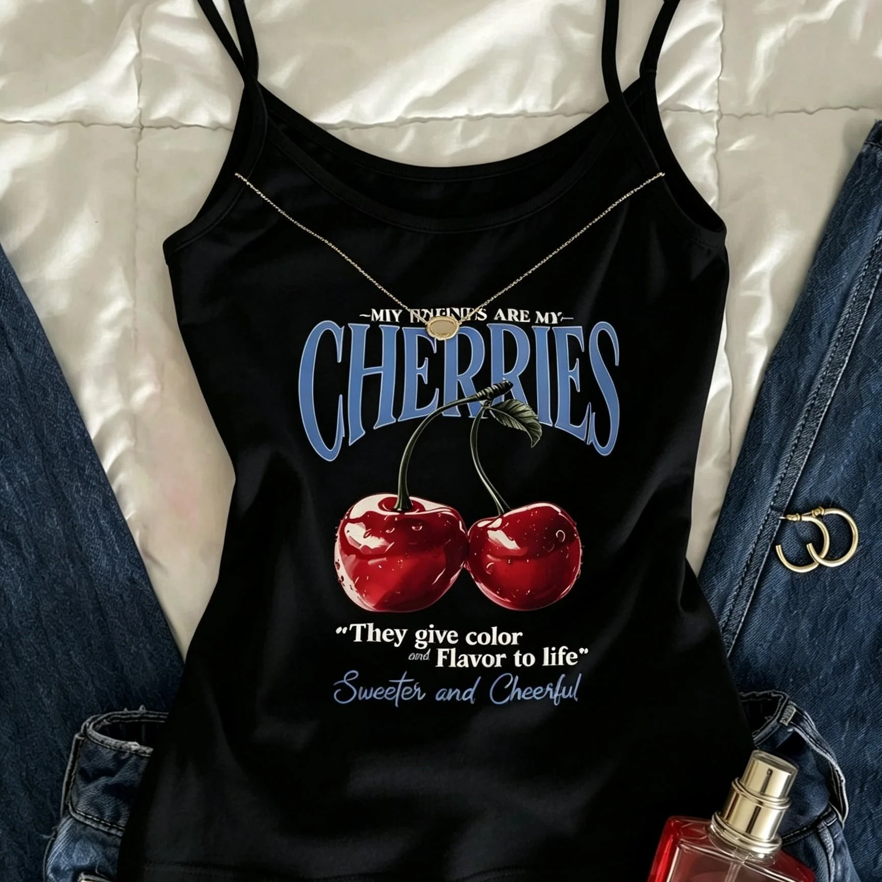 Women's Slogan Cherry Print Casual Camisole Tank Top Crop Top  Women Clothes Tank Top Women Clothing Hot Tops for Women