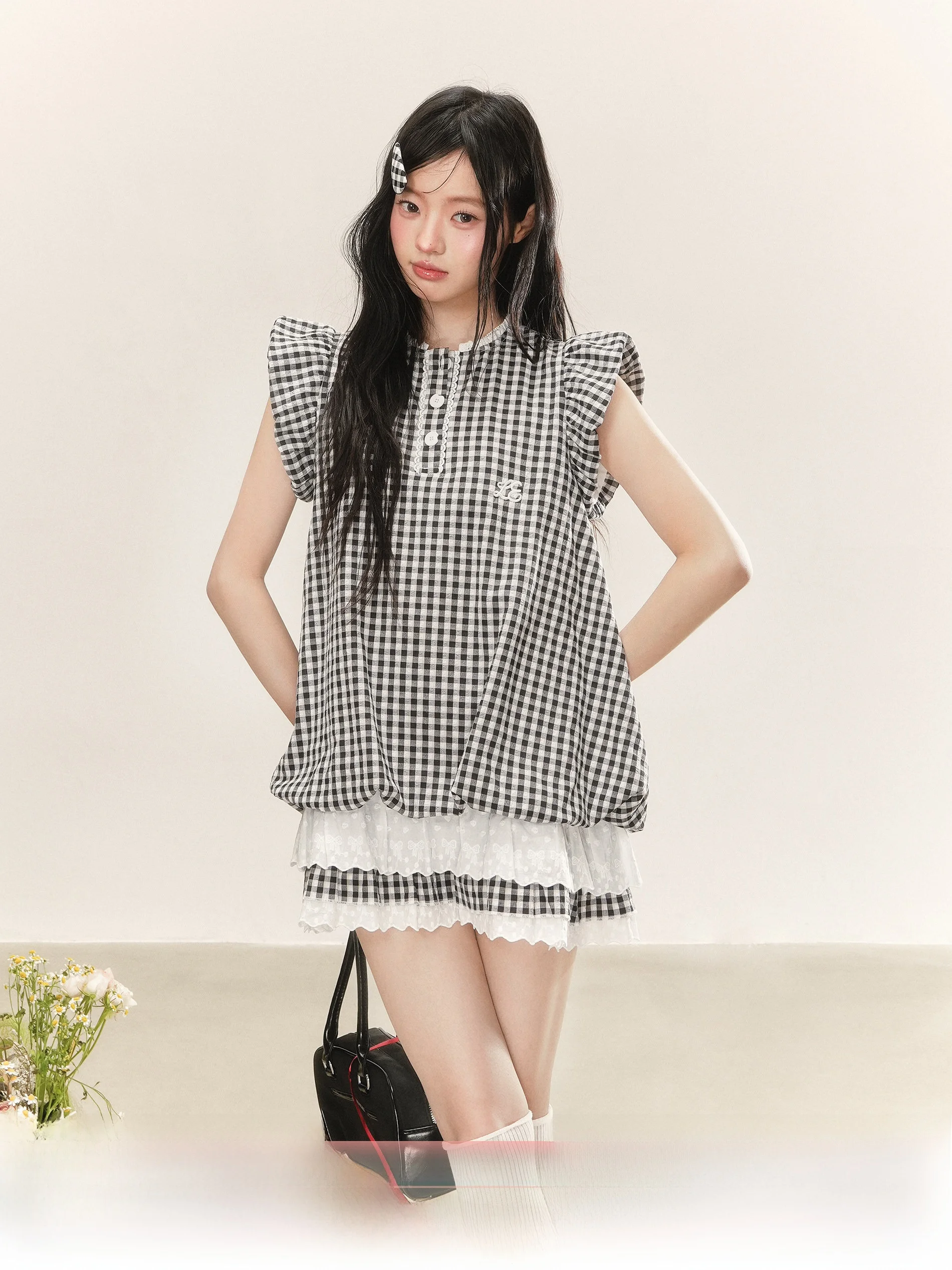 

Lennea Summer Plaid Dress Lace Trim Loose Fit Sleeveless round Neck Single Button Closure City Walk Friendly Breathable