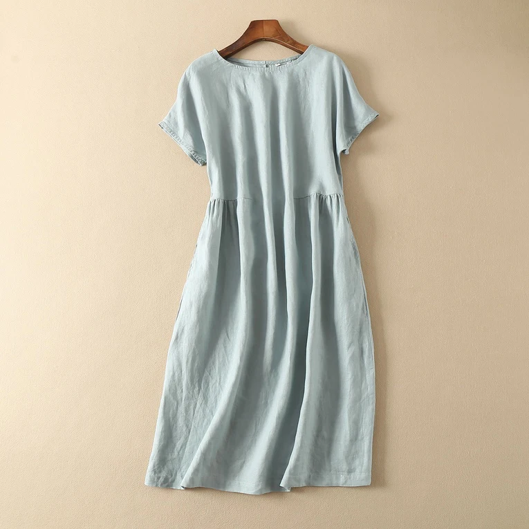 

High-End Women's Cotton Linen Dr Artistic Sle round Ne ort Sve Midi Casual Loose Fit Summer Korean Version