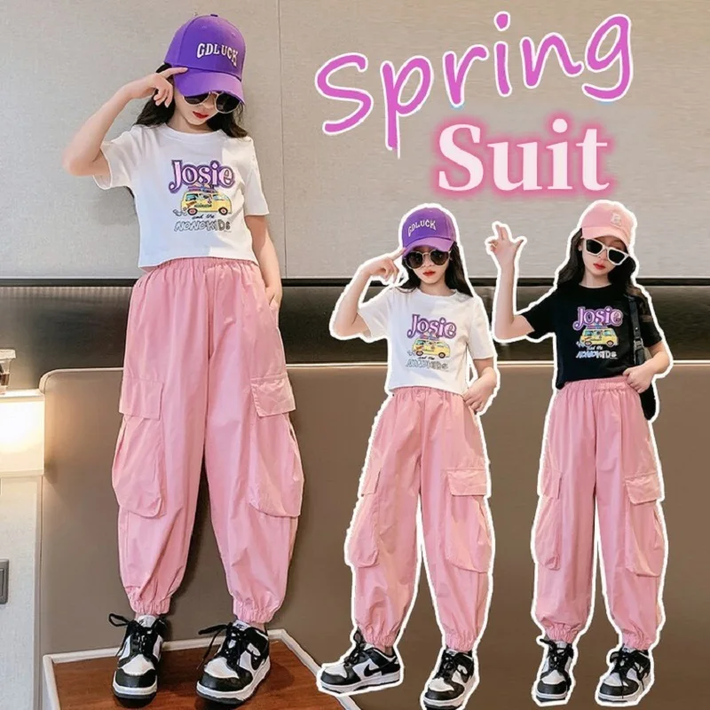 

Summer Girls Cotton Cropped Alphabet T-Shirt Tops+Workwear Pant Contrast Sets School Kids 2PCS Tracksuit Children Outfits 5-16Yr