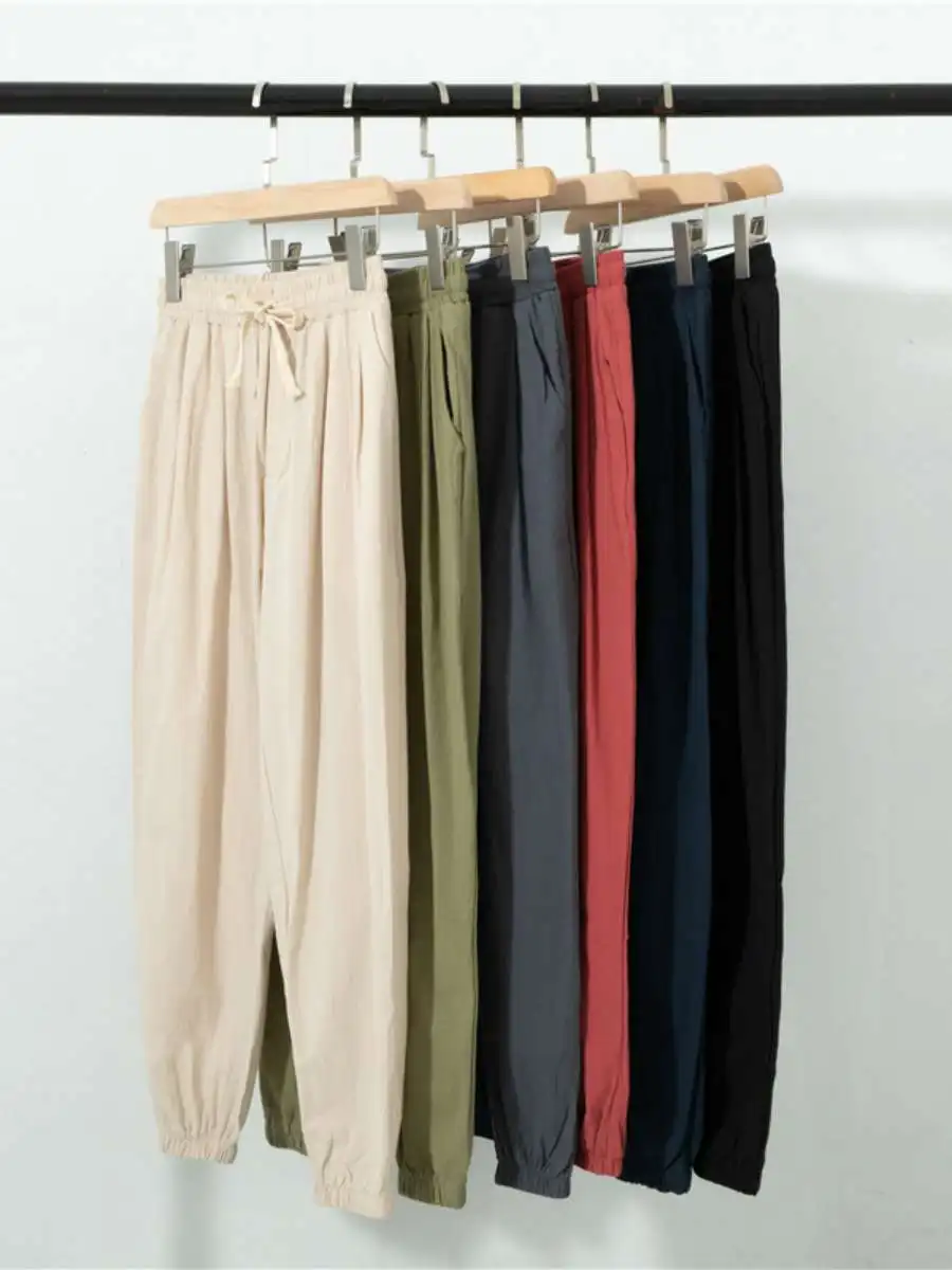 

Loose Men's Harem Pants Thin Cotton Linen Summer Casual Trousers mid Waist Nine Points Pants Dstring Summer Faion Men's ...