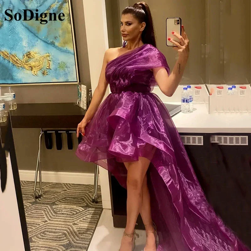 

SoDigne Princess Purple Prom Gowns High Low Tiered Puff Tulle Long Evening Dress One Shoulder Prom Party Dresses Custom Made