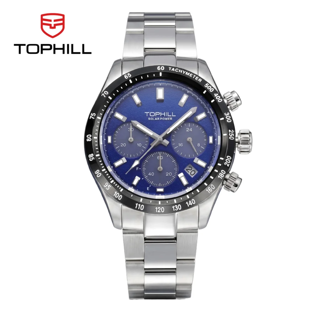 

TOPHILL 42mm VR42B Solar-Powered Chronograph Quartz Watch For Men 4.5H Date Window Sapphire C3 Green Luminous 5Bar TL029G