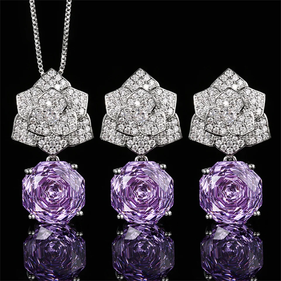 

Rose Petal Jewelry Set Main Stone 12mm Fashion Necklace Earrings Stainless Steel Jewelry Light Luxury Stainless Steel Necklaces