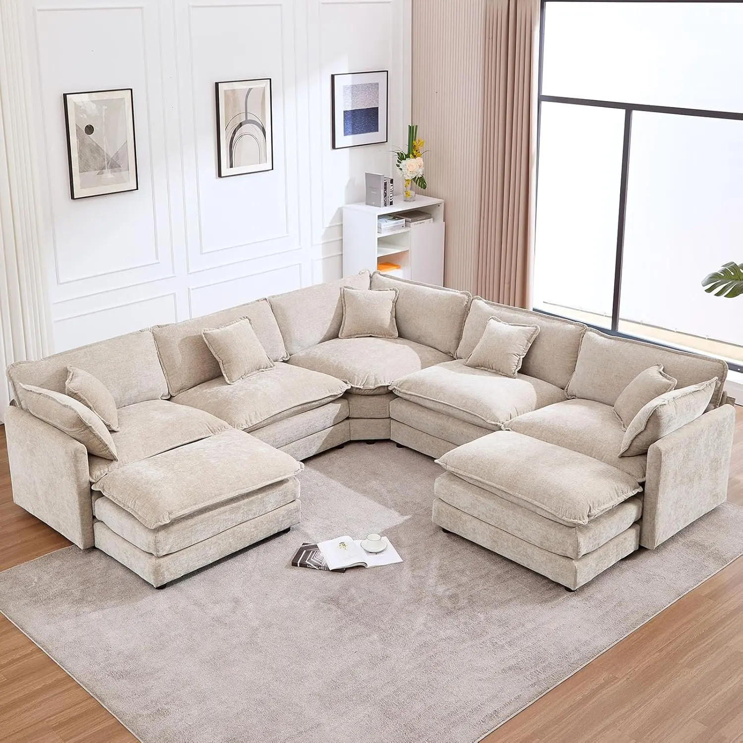 

Большой модульный секционный диван из синели с глубоким сиденьем, U-образный, 7-местный, для гостиной, квартиры, цвет кэмел, на заказ