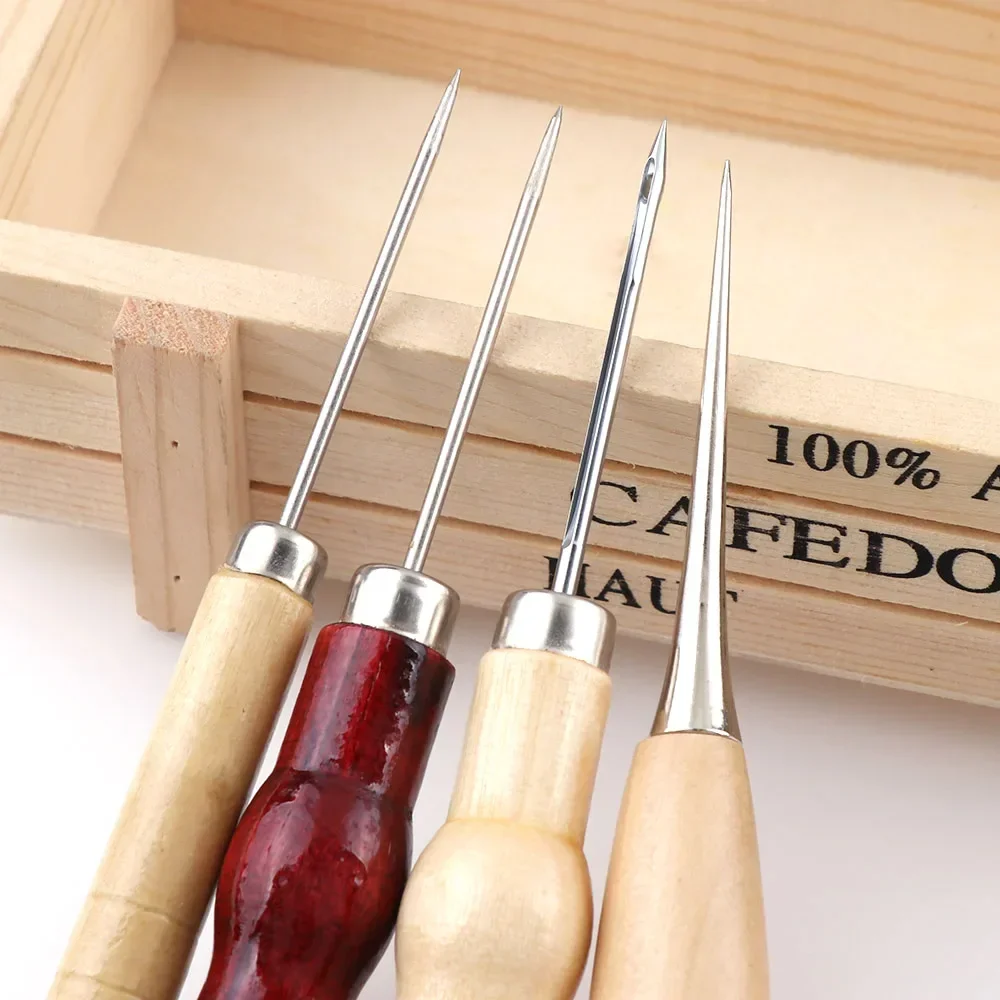 4Pcs/set 4 Styles Boxwood Redwood Gourd Canvas Leather Sewing Shoes Wood Handle Tool Awl Hand Stitching Taper Needle Tool Craft