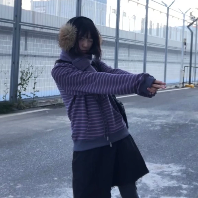 90s American Retro Knitted Cardigan Ladies Harajuku Striped Lined Zip Up Hoodie Y2K Grunge Oversized Long Sleeve Sweat Jacket view 6