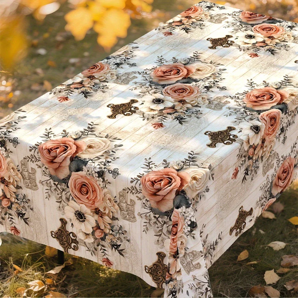 Retro floral style tablecloth, featuring roses and pattern designs, creating an elegant atmosphere.xzj