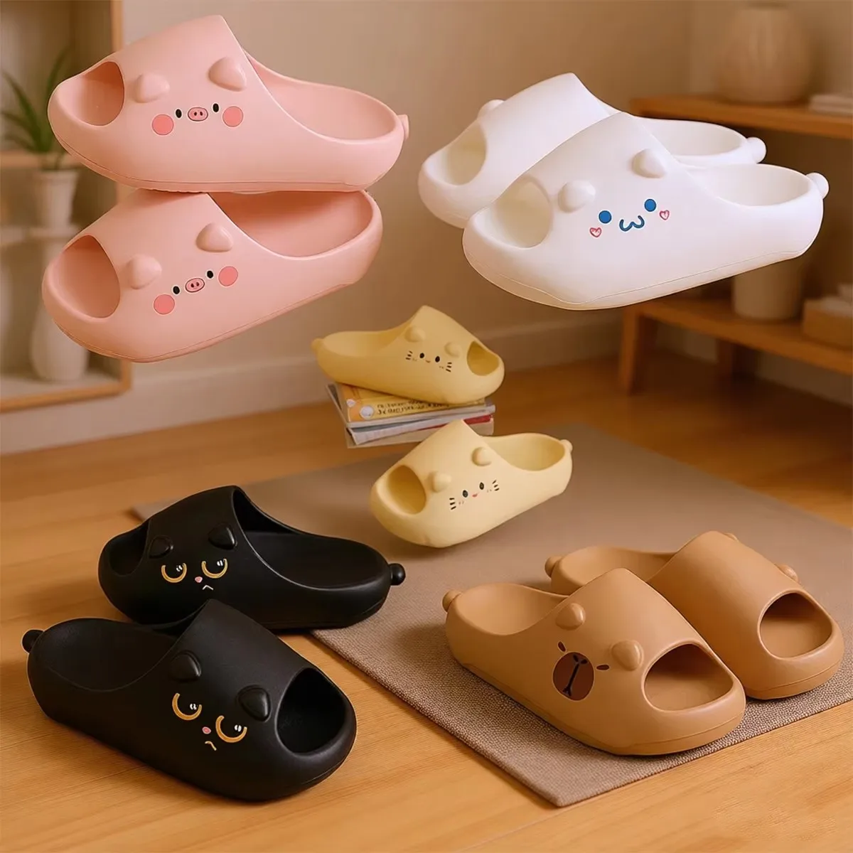 Women House BathSlippers Casual Cute Lovely Cartoon Hamburger Cat Capybara Summer Indoor Non-slip Soft Soles Comfy Home Female image 2
