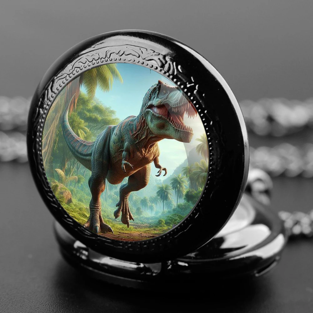 Cúpula de cristal de dinosaurio de Parque Jurásico para hombres y mujeres, reloj de bolsillo de cuarzo con números arábigos Vintage, COLLAR COLGANTE, cadena de reloj para amantes