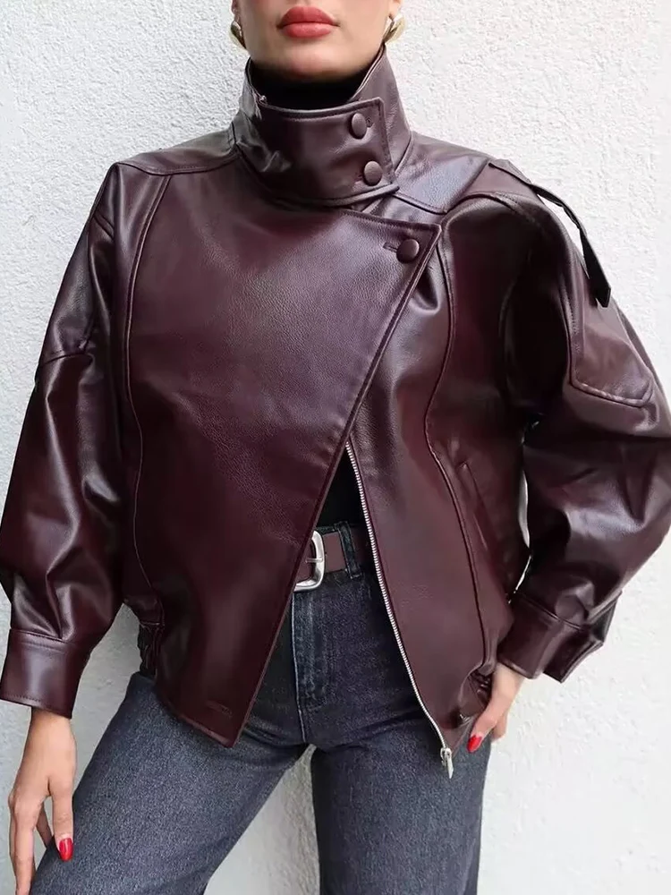 TFMLN 2025 chaqueta de piel sintética de invierno para mujer, moda Vintage, decotación de charretera, ropa de calle con cremallera, cuello levantado, cuero para mujer