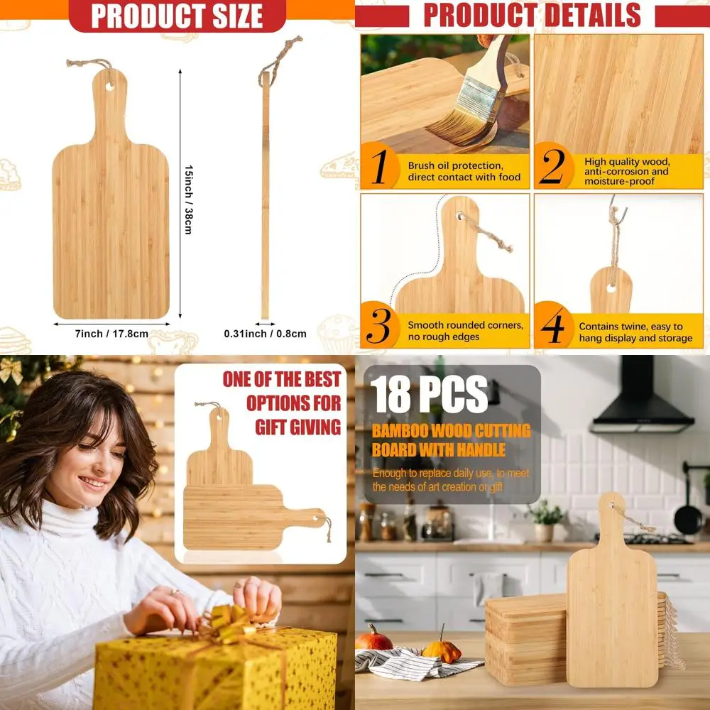 

Bulk Set of 18 Bamboo Chopping Boards, 15x7 Inches, with Handle for Kitchen, Engraving, Serving, and Gifts