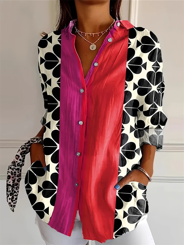 

Модная лоскутная рубашка с лацканами и принтом, женская летняя тонкая крутая рубашка, элегантная французская рубашка с v-образным вырезом и длинными рукавами, женская