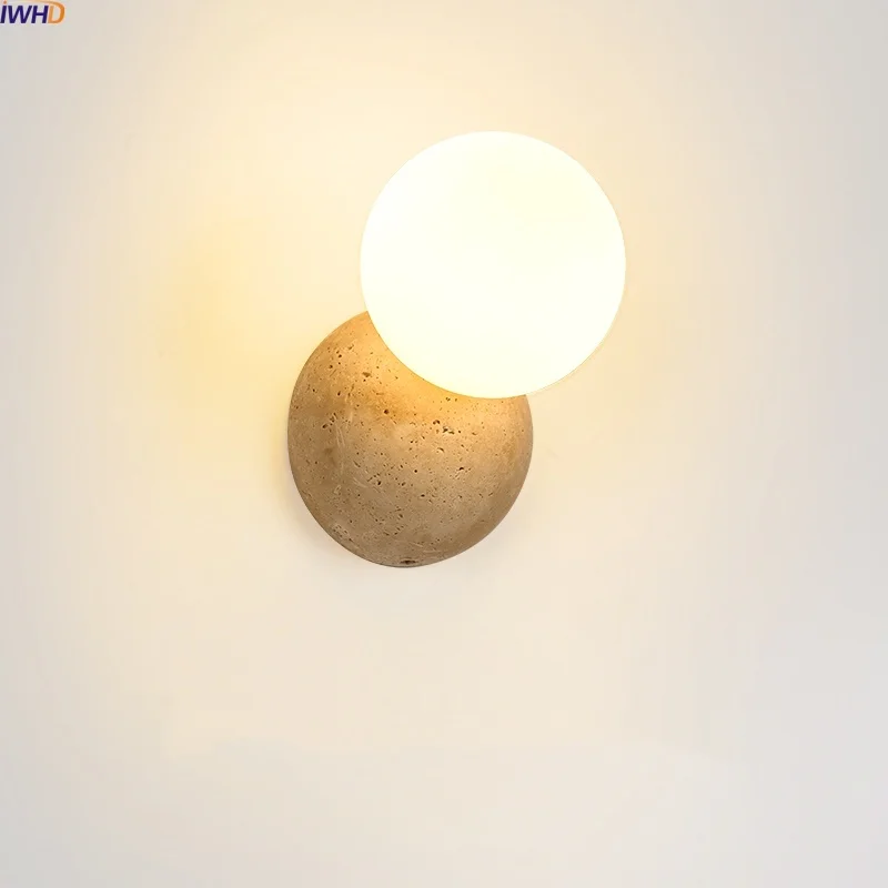 

IWHD Wabi Sabi LED Wall Lamp Bedroom Living Room Nordic Design Yellow Travertine White Glass Bathroom Mirror Light Wandlamp
