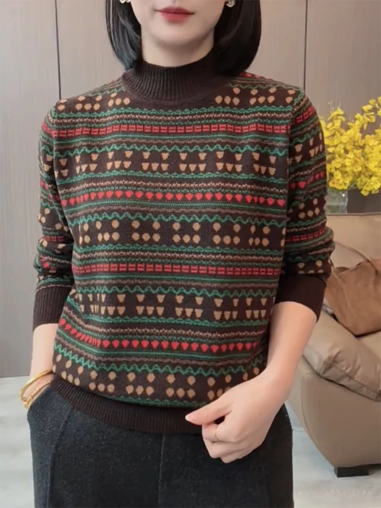 

Корейский вязаный свитер в стиле ретро с высоким воротником, осенне-зимняя новинка, большие размеры, стройнящий, универсальный женский топ