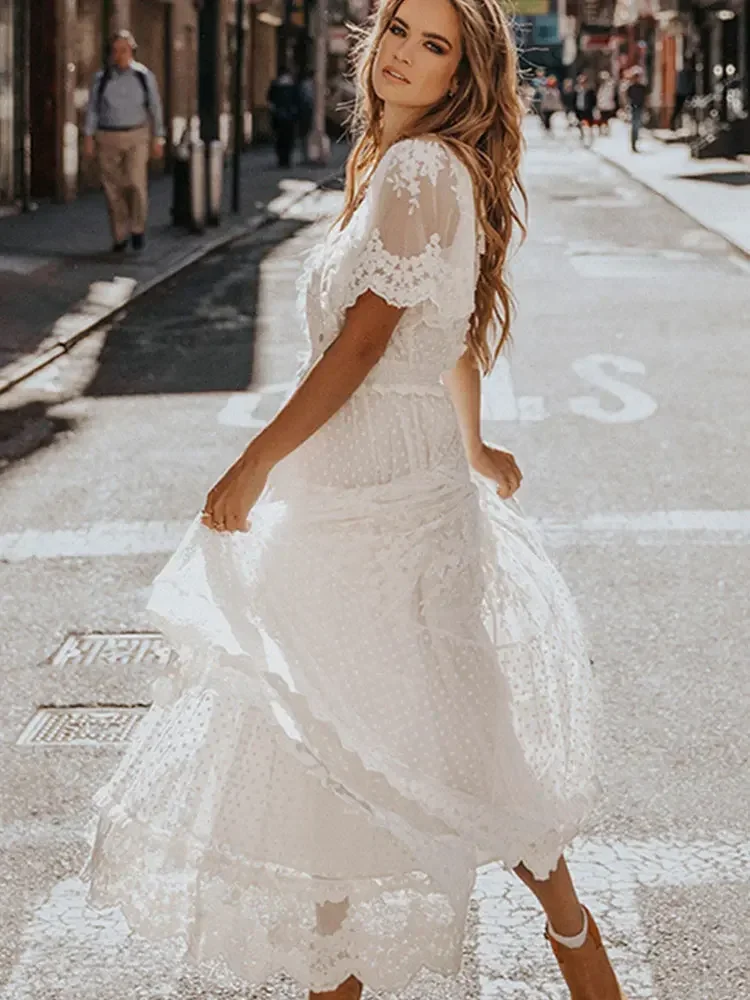 

Hollow Out White Dress Sexy Women Lace Long Dress Cross Semi-Sheer Plunge V-Neck Short Sleeve Lace Maxi Dress Vestido De Mujer