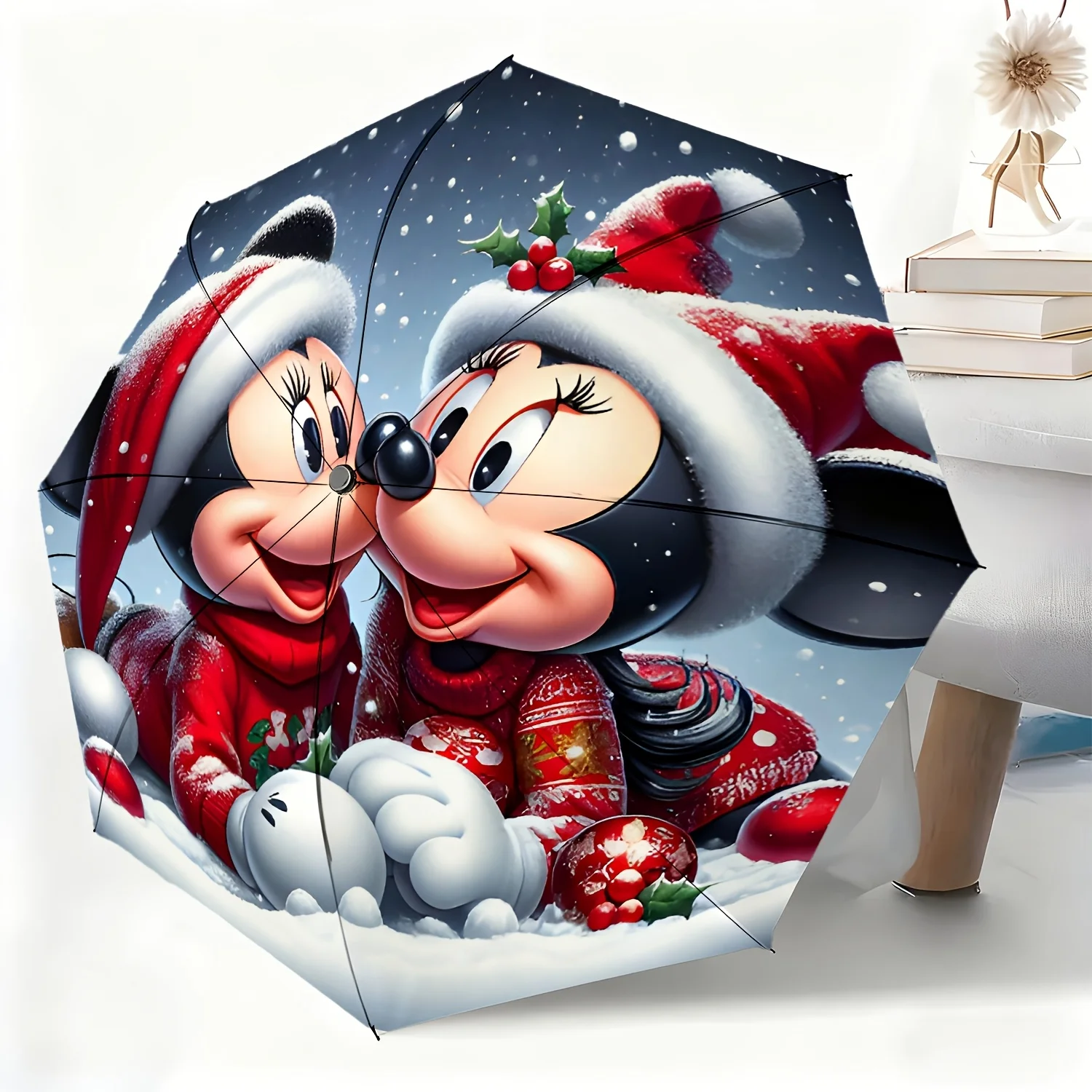 

1pc Umbrella Featuring a Mickey And Minnie Christmas Theme, a Fully Automatic Umbrella Suitable for All Occasions, a Portable