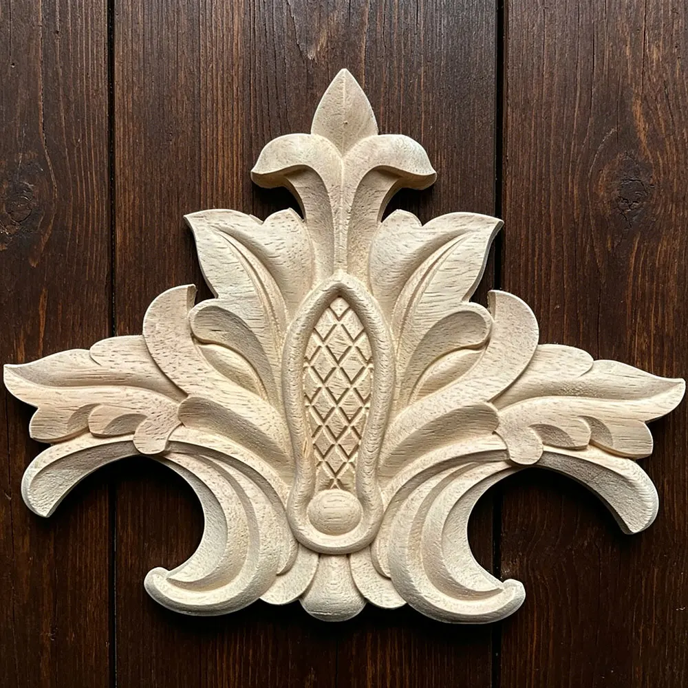 

25cm Wood Carved Onlay Appliques Carpenter Frame Decal Furniture Decoration Wooden Crafts Decorative Flower Ornament
